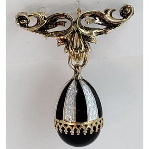 Vintage Solid Sterling Silver Gilt Guilloche Enamel Egg w/ Floral Scroll Brooch